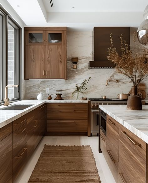 30 Insanely Gorgeous Wood kitchen ideas you need to see Dark Floor Cabinet Colors, Light Cabinets Dark Floors, Painted Brown Cabinets, Warm Tone Kitchen Ideas, Almond Kitchen Cabinets, Modern Neutral Kitchen, Modern Walnut Kitchen, Walnut Kitchen Cabinets, Kitchen Cabinet Ideas