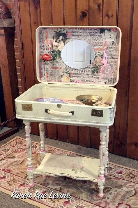 Turn a thrift store suitcase into the best decor for your bedroom Suitcase Vanity, Suitcase Furniture, Suitcase Ideas, Suitcase Table, Suitcase Decor, Diy Suitcase, Old Suitcases, Vintage Suitcases, Diy Vanity