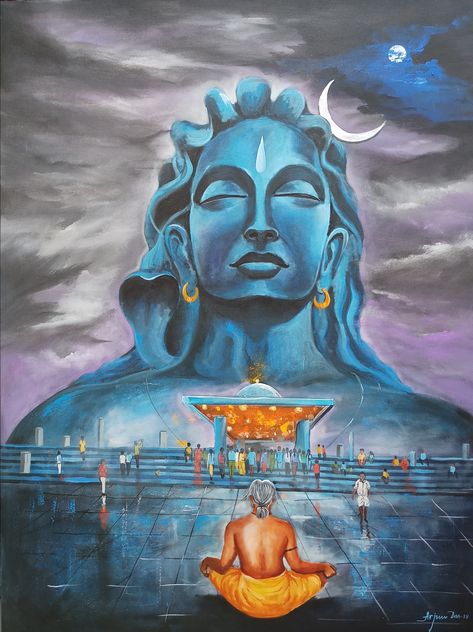 The artist has made this interesting painting of Aadiyogi shiva, which is a replica of the Shiva statue which is a 34.3-metre-tall excluding plinth, 45-metre-long and 7.62-metre-wide at Coimbatore, Tamil Nadu. The artist has painted this interesting painting with the help of beautiful acrylic colors on canvas. Arjun Das, Nature Drawings, Shri Radhe, Radhe Shyam, Shiva Painting, Religious Paintings, Shiva Wallpaper, Buddha Painting, Painting Canvases