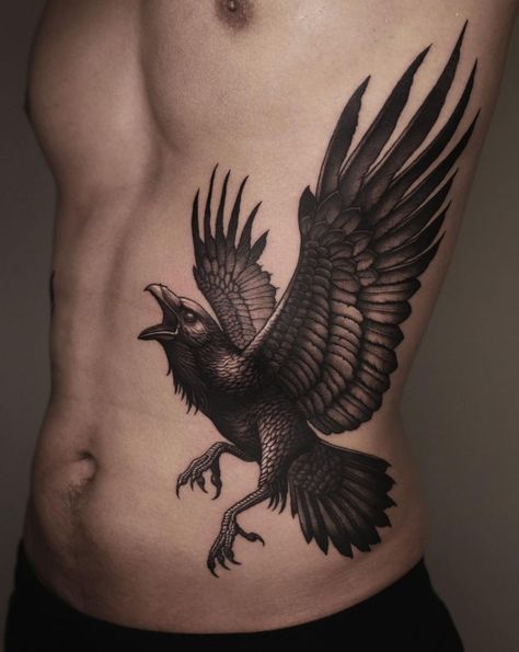 Fierce Bird Tattoo, Yatagarasu Tattoo, Crow Tattoo Ideas, Black Eagle Tattoo, Black Crow Tattoos, Raven Tattoos, Crow Tattoo Design, Torso Tattoos, Crow Tattoo