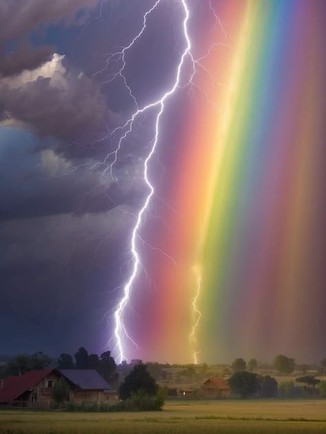 Rainbow And Lightning, Another Misaki, Lightning Photography, Storm Photography, Rainbow Aesthetic, Pretty Landscapes, Natural Phenomena, Beautiful Nature Scenes, Nature Aesthetic