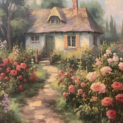 Garden Corner Ideas, Cottage Illustration, Cottage Wall Art, British Cottage, Spring Drawing, Cottage Core Art, Cute Cabins, Corner Ideas, Garden Corner