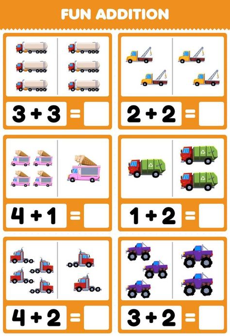 Education game for children fun addition by counting and sum cute cartoon truck transportation pictures worksheet Truck Transportation, Transportation Pictures, Cartoon Truck, Preschool Library, Preschool Activities Printable, Background For Powerpoint Presentation, Dramatic Play Preschool, Animal Worksheets, Game For Children