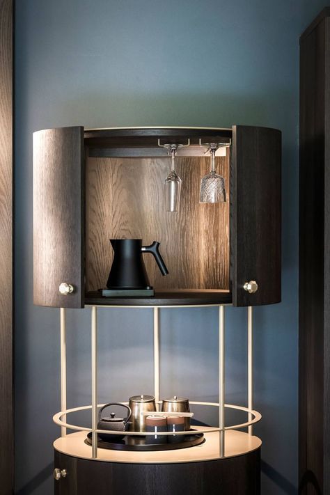 Hotel Minibar Design, Mini Bar Design, Hotel Minibar, Guest Room Design, Furniture Design Chair, Statement Furniture, Luxury Bar, Luxury Penthouse, House Luxury