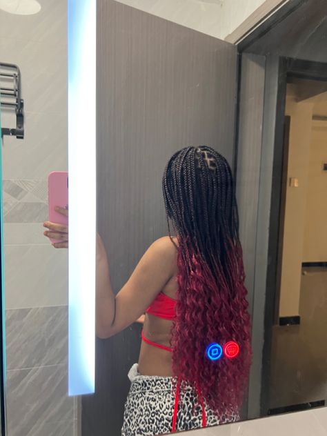 Red And Black Goddess Braids, Red And Black Braids With Curls, Mirror Selfie Aesthetic Black, Red Hair Mirror Selfie, Black And Red Braids, Red Goddess Braids, Braids Red Hair, Knotless Braids Red, Red Braiding Hair