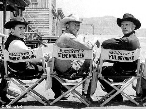 Three of The Magnificent Seven fancy!  Robert Vaughn, Steve McQueen, and Yule Brenner Magnificent Seven 1960, Music Celebrities, Magnificent 7, Robert Vaughn, Magnificent Seven, Gena Rowlands, Ben Johnson, Ali Macgraw, Jackie Gleason