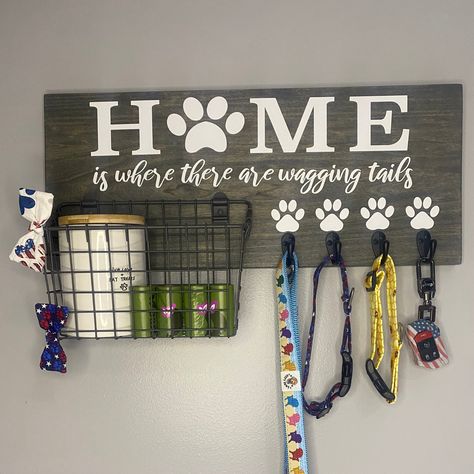 All of our products are handmade in the USA by US Army Veteran and Dog Mom. These beautiful wooden organizers are completed with a 7.5" H x 10.25" steel mesh wire basket and light duty single robe style hook or hooks. All organizers will also include hanging D-Hooks.  All signs have unique character and no sign will be exact. All lettering is completed in permanent white vinyl. Vinyl color can be changed upon request. Also sayings too.  🐾Sizes🐾 14" - 14.5" with 1 hook 16" with 2 hooks 20" with Us Army Veteran, Dog Storage, Dog Corner, Pet Organization, Wooden Organizer, Dog Rooms, Wire Basket, Army Veteran, Dog Items