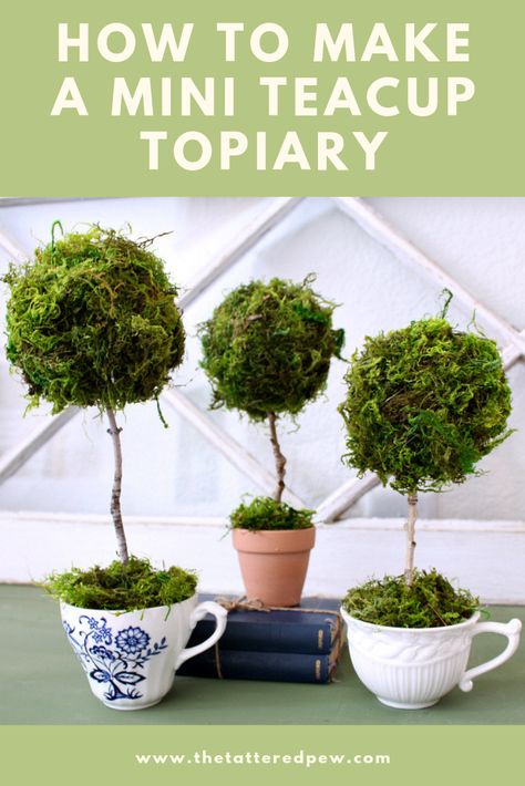 Topiary Decorating Ideas, Small Topiary Decor, Teacup Topiary, Heart Topiary Diy, Ornament Topiary Diy, Wire Topiary Frames Diy, Teacup Diorama, Miniature Topiary, Topiary Decor