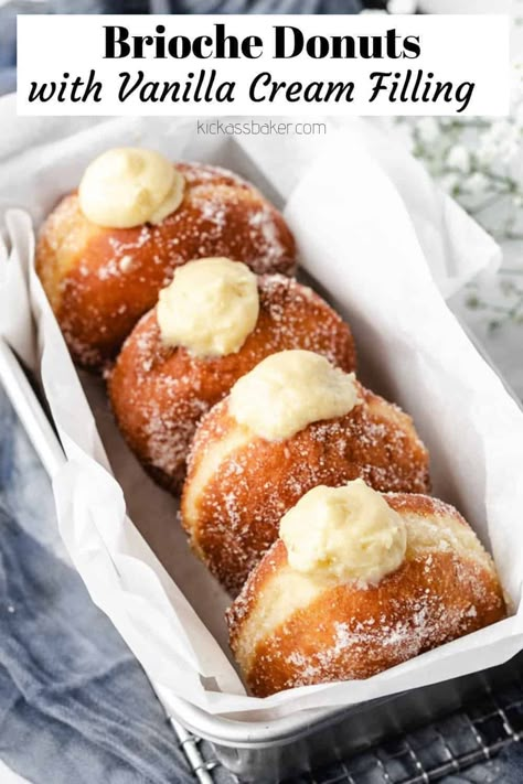 Brioche Doughnuts | kickassbaker.com #brioche #donuts #doughnuts #vanilla #cream #creme #filled #dessert #nutfree #recipes #kickassbaker #fried #breakfast Easy Filled Donut Recipe, Baked Yeast Donut Recipes, Donut Cream Filling Recipe, Crispy Cream Donuts Recipe, Brioche Donut Recipe, Fluffy Donut Recipe, Brioche Doughnuts, Vanilla Donut, Brioche Donuts