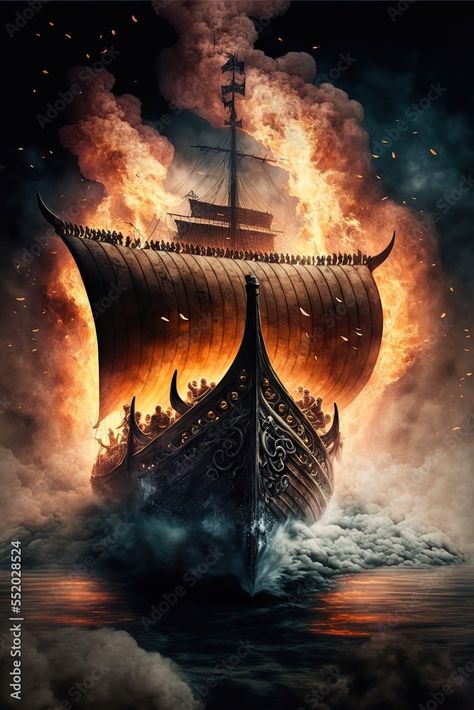 Download Viking ship sailing at sea, fire burning, Generative AI Stock Illustration and explore similar illustrations at Adobe Stock. Vikings Ship, Pirate Battle, Barco Viking, Viking Ship Tattoo, Ghost Ship Art, Ship Tattoo Sleeves, Sailing Tattoo, Ghost Ships, Pirate Ship Art