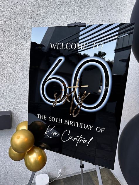 "Greet your guests with a gorgeous sign welcoming them to the event!  | DETAILS | - This listing is for ONE (1) 1/8\" thick, acrylic welcome sign - Acrylic sign is 18\" x 24\" - Numbers are in 3D gold or silver mirrored acrylic - All other text is UV printed on the sign | HOW TO ORDER | 1. Select the acrylic color you would like the sign to be in the drop down menu. 2. Select the acrylic color you would like your 3D names to be in the drop down menu. 3. In the \"Personalization\" Box, please ent 60th Birthday Theme, 60th Birthday Ideas For Dad, 60th Birthday Party Decorations, Acrylic Welcome Sign, 75th Birthday Parties, Happy 80th Birthday, 50th Birthday Decorations, Entrance Sign, 60th Birthday Party