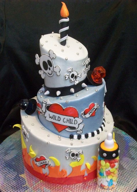 "rocker" theme first birthday cake Tattoo Birthday Cake, Tattoo Themed Birthday Party, Rock N Roll First Birthday Cake, Rock And Roll Theme Birthday Cake, Rock N Roll Baby Birthday, Rock And Roll Baby Shower Theme, Tattoo Baby Shower, Punk Rock Baby Shower, Festa Rock Roll