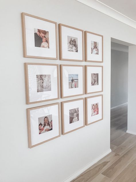 Photo Wall Wood Frames, Large Canvas Wall Art Dining Room, 16x16 Picture Frame Wall, Light Wood Gallery Wall, Small Wood Photo Wall, Frames For Family Photos, Family Friendly Living Room Ideas, Photo Wall In Hallway, Gallery Wall Photos Family