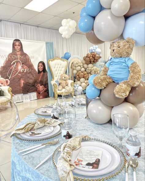 Teddy Bear Table Setting, Babyboy Baby Shower Decorations, Teddy Bear Baby Shower Table Setting, Baby Shower Inspo Boy, Boy Baby Shower Ideas Black People, Black People Baby Shower Ideas, Baby Shower Themes Black People, Baby Shower Ideas Black People, Luxury Baby Shower Ideas