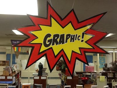 Graphic Novel Signage Graphic Novel Display, School Library Book Displays, Librarian Ideas, Library Decorations, School Library Decor, Library Signage, Teen Book, Healthy Thoughts, School Library Design