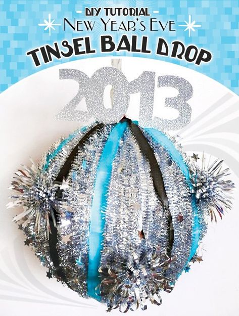 new-years-tinsel-ball-drop New Years Eve Ball, New Years Ball, New Years Eve Day, New Year Diy, Tinsel Garland, New Year's Crafts, Styrofoam Ball, Festival Diy, Hostess With The Mostess