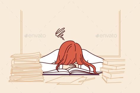 Woman Teacher Sleeps at Desk Among Students Books Cluttered Desk Drawing, Person Sitting At Desk Drawing, Sleeping Girl Drawing, Sleeping On Desk, Woman Teacher, Book Art Projects, Comic Book Layout, Sleep Studies, Person Drawing