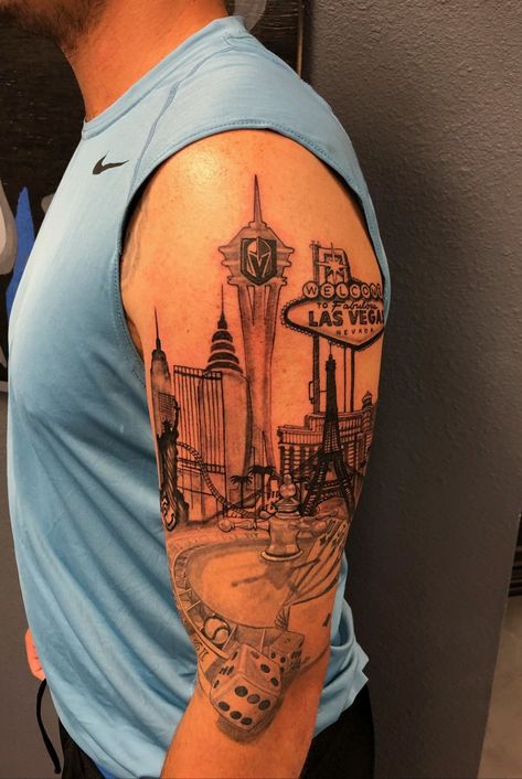 Las Vegas Tattoo, Chest Piece Tattoo, Las Vegas Images, Tattoos For Female, Tattoo Mens, Travel Tattoo Ideas, Thorn Tattoo, Skyline Tattoo, Vegas Tattoo