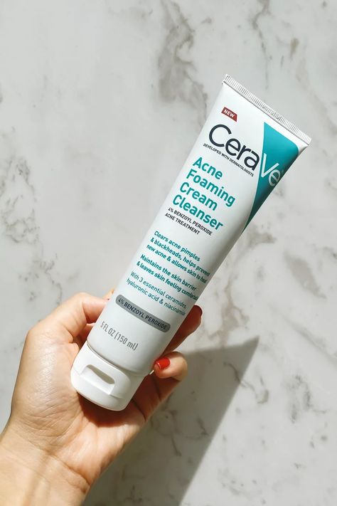 CeraVe Acne Foaming Cream Cleanser Review With Photos Cerave Cleanser Aesthetic, Acne Foaming Cream Cleanser, Sking Care, Windowless Bathroom, Cerave Cleanser, Pimple Cream, Cerave Skincare, Acne Cleanser, Golden Skin