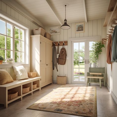 Enter 'Glowing Gateways', where each farmhouse mud room becomes more than just a passageway—it's a sunlit sanctuary. Bathed in the gentle glow of natural light, these spaces reflect the authentic spirit of farmhouse design, where practicality meets sheer beauty. The subtle interplay of sun rays with whitewashed woods and vintage accents creates a serene ambiance, making each entrance and exit a moment of tranquil reflection. 'Glowing Gateways' celebrates these intimate nooks, weaving together th Sunroom With Mudroom, Sun Mud Room, Mud Room In Sunroom, Cottage Mudroom Entrance, Mud Room Sunroom, Mud Room Sun Porch, Mud Room With Windows, Mudroom Sunroom Combo, Entry Room Ideas Large