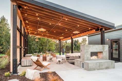 First, book a stay at the Lodges on Vashon, a property that manages to be both elegant and rustic. Outdoor Covered Patio, Vashon Island, Prefab Cabins, Concrete Fireplace, Backyard Pavilion, Casa Patio, Pergola Patio, Concrete Patio, Pool Ideas