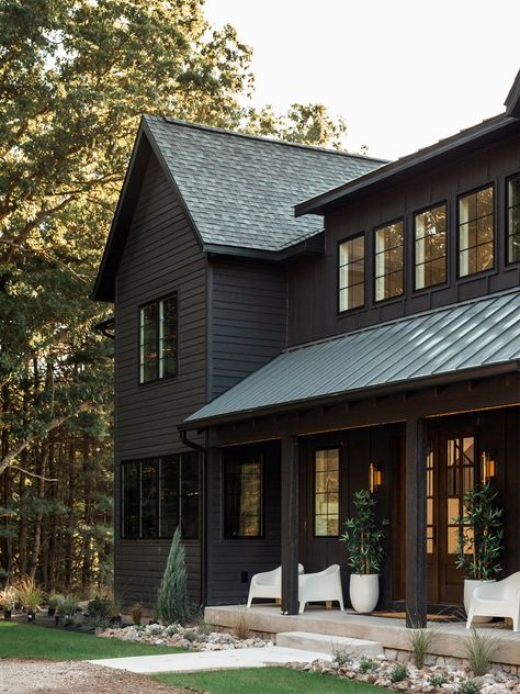 This Family of Seven's Ada, Michigan, Home Has Tile Ideas to Spare Black Window Frames, Corrugated Metal Roof, Clapboard Siding, Dormer Windows, Modern Farmhouse Exterior, Farmhouse Exterior, Painted Brick, Tile Ideas, Faux Marble