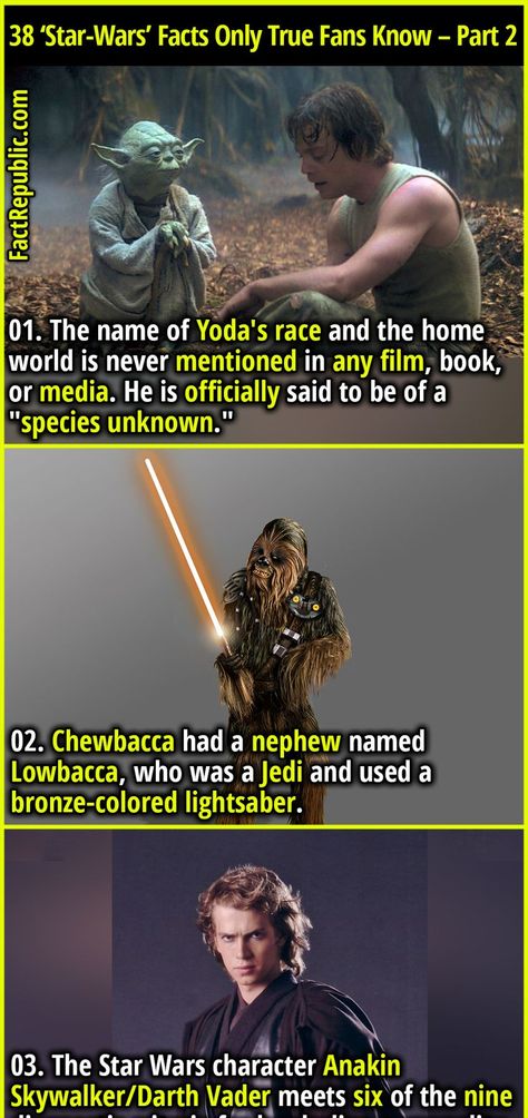 STARWARS FUNFACT DARTHVADER CHEWBACCA YODA Star Wars History, Star Wars Species, Fact Republic, Star Wars Books, Star Wars Facts, Star Wars Jokes, Star Wars 2, Star Wars Empire, Star Wars Fandom