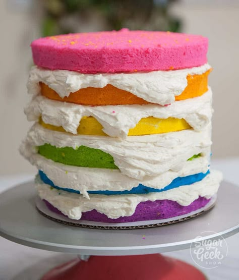 Cake With Gold Drip, White Velvet Cake Recipe, Rainbow Smash Cakes, White Velvet Cake, Rainbow Cake Recipe, White Velvet Cakes, Cake Pan Sizes, Sugar Geek, Easy Buttercream Frosting