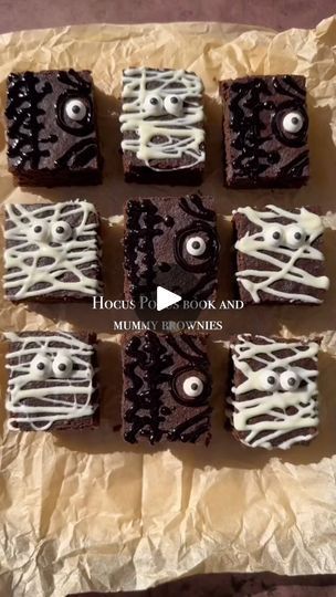 1.5K views · 15 reactions | Hocus Pocus Book and Mummy Brownies  If you are looking for a last minute, easy Halloween dessert idea for tomorrow, Make these boxed brownie Hocus pocus book and mummy brownies. Sure to be a crowd pleaser.  Hocus Pocus Book + Mummy Brownies 1 boxed brownie mix of choice 1/4 cup white chocolate chips 1 tsp coconut oil Candy eyes Black cookie decorating gel  Instructions: 1. Prepare brownies according to instructions on box  2. Let brownies cool completely before slicing. I like to stick mine in freezer for 30 minutes, to help get clean cuts  3. Slice into desired size bars 4. For mummies:  melt white chocolate with coconut oil, add to a squeeze bottle or zip lock bag and cut a small piece off corner of bag. Drizzle white chocolate all over brownies and add 2 can Brownie Mummies, Hocus Pocus Brownies, Chocolate With Coconut Oil, Mummy Brownies, Hocus Pocus Book, Candy Eyes, Halloween Dessert, Refined Coconut Oil, Zip Lock Bag