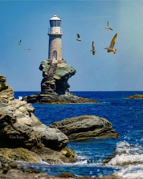 Tourlitis Lighthouse, Andros Greece, Gap Year Travel, Dodecanese Islands, Green Island, Greece Photography, Crete Island, Cyclades Islands, Green Hills