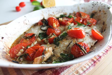 Baked Flounder with Tomatoes and Basil • Harbor Fish Market Recipes With Tomatoes, Flounder Recipes, Roast Fish, Basil Recipes, Baked Tomatoes, Low Cal Recipes, Fish Market, Plum Tomatoes, Tomato Recipes