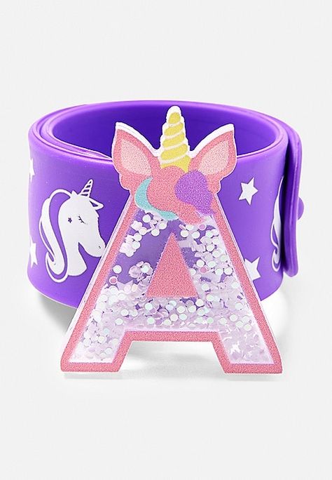 Unicorn Initial Shaky Charm Slap Bracelet | Justice Villa Minecraft, Girly Backpacks, Unicorn Accessories, Unicorn Room Decor, Justice Accessories, Unicorn Artwork, Frozen Toys, Unicorn Bedroom, Unicorn Fashion