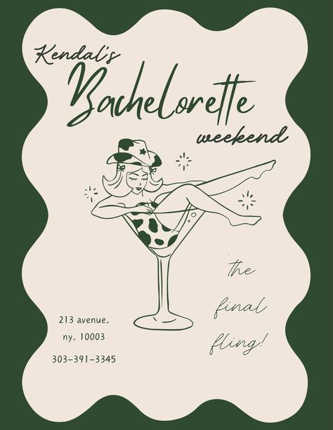 This bachelorette template stands out with its chic and sophisticated design, featuring a stunning blend of emerald green and beige tones. This elegant color palette makes the template incredibly versatile, suitable for various types of celebrations, from intimate gatherings to lavish parties. The emerald green adds a touch of luxury and vibrancy, while the beige tones provide a neutral, calming balance, making it adaptable to different themes and styles. Whether you're planning a modern, minimalist affair or a more traditional, classic celebration, this template offers the perfect canvas for a memorable bachelorette experience. Mexico Theme Bachelorette Party, Trending Bachelorette Themes, Lucky Bachelorette Party, Dirty Martini Bachelorette Party, Bachelorette Party Ideas Green, Birthday Bachelorette Party, Bachelorette Party Green, Vintage Bachelorette Party, Green Bachelorette Party