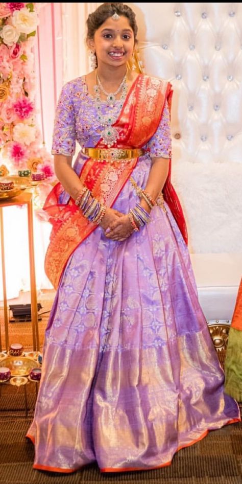 Lehenga Designs For Half Saree Function, Lehanga Blouses, Red Half Saree, Half Sari, Lehenga Ideas, Pattu Lehenga, Saree Color Combinations, Saree Function, Pattu Langa