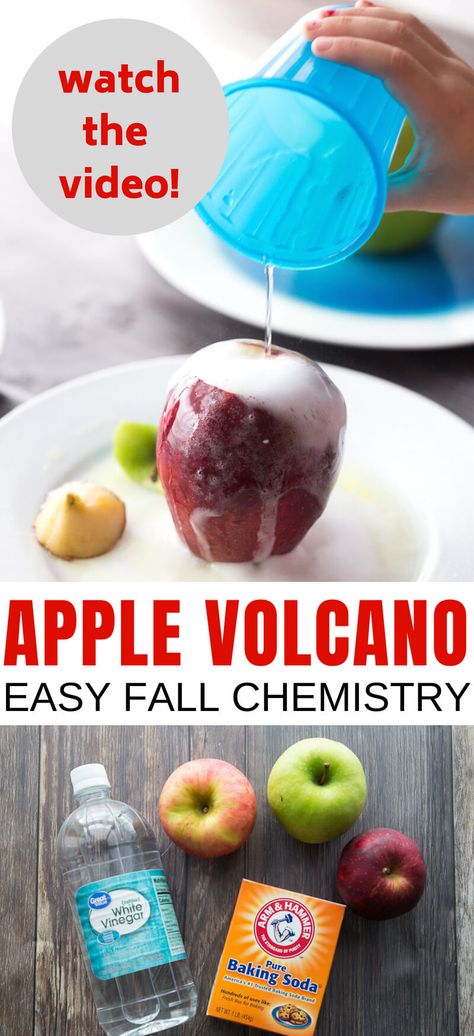 Baking Soda Volcano, Apple Science Experiments, Apple Science, Volcano Activities, Chemistry Activities, Chemistry For Kids, Volcano Experiment, Fall Science, Apple Lessons