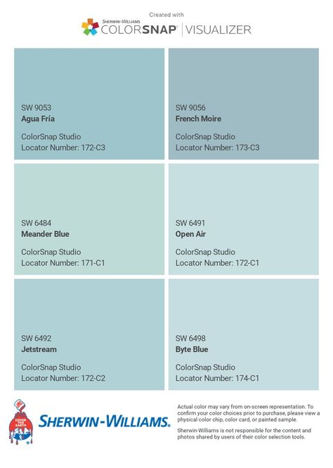 Sherwin Williams Tranquil Aqua, Sw Interesting Aqua, Sherwin Williams Aquaduct, Beachy Blue Paint Colors Behr, Lake House Paint Colors, Sherwin Williams Watery Color Palette, Gray Interiors, Coastal Paint Colors, Colour Spectrum