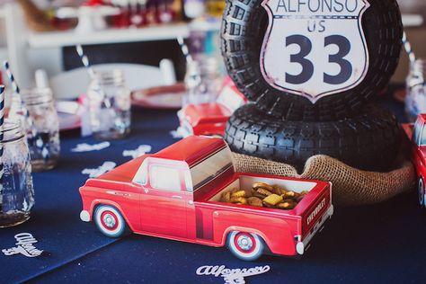 Vintage Chevy + Auto Garage Themed Birthday Party via Kara's Party Ideas KarasPartyIdeas.com Cake, decor, printables, tutorials, giveaways and more! #carparty #vintagecarparty #vintagechevy #chevycar #chevycarparty #autoshopparty #vintageautoshop #autogarage #vintageautogarageparty #karaspartyideas (25) Cars Trucks Birthday Party, Vintage Car Party, Vintage Chevy Trucks, Garage Party, Auto Garage, Vintage Chevy, Vintage Garage, Truck Cakes, Car Party