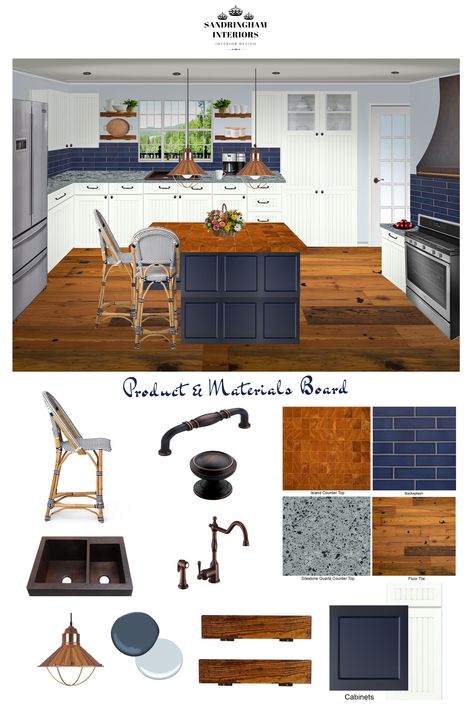 Love how the warmth from the wood tones complement the blue subway tile backsplash. Adding some vintage inspired bronze colored faucets and hardware help to provide a nice balance with the accent pieces to create an all around warm, cozy and inviting kitchen space:) Kitchen Material Board Interior Design, Blue Subway Tile Backsplash, Navy Blue Backsplash, Blue Tile Backsplash Kitchen, Blue Backsplash Kitchen, Navy Blue Tile, Blue Kitchen Tiles, Gray Tile Backsplash, Materials Board