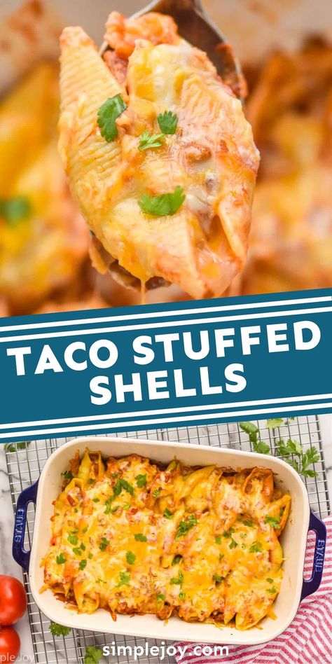 These Creamy Taco Stuffed Shells make for an easy but absolutely delicious dinner! This is a taco twist on your favorite stuffed shells recipe! Taco Twist, Mexican Stuffed Shells, Slow Cooker Spaghetti, Stuffed Peppers Healthy, Jumbo Pasta Shells, Shells Recipe, Filled Pasta, Mild Salsa, Stuffed Shells Recipe