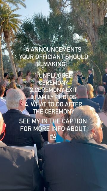 Kimberly Hensley|Wedding Planner on Instagram: "The officiant is one of my most important vendors for helping me keep the ceremony organized. I always have them make an ‘unplugged’ announcement (of course, only if my client wants this). If so, the officiant will make this announcement as soon as they step up to the altar. Signage doesn’t work. When guests arrive, they’re not focused on your signage. You could have it right at the entrance to the aisle and people still won’t see it. They’re busy talking to friends, looking around, taking photos. Signage is a waste of money. If you’re having a ceremony exit (which I highly encourage), like throwing petals or using ribbon wands, etc., have the officiant make this announcement at the beginning as well. Family photos - this is a no-bra Officiant In The Aisle, Cute Ways To Ask Someone To Officiate Your Wedding, Tips For Officiating A Wedding, Officiant Standing In Aisle, Officiate A Wedding, Ceremony Exit, Ribbon Wands, Family Dynamics, Taking Photos