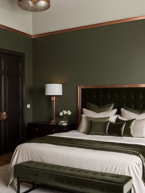 Olive Green Accent Wall, Olive Green Rooms, Green Room Ideas Bedroom, Green Accent Wall, Moody Bedroom Ideas, Copper Bedroom, Velvet Bed Frame, Green Accent Walls, Flat Ideas