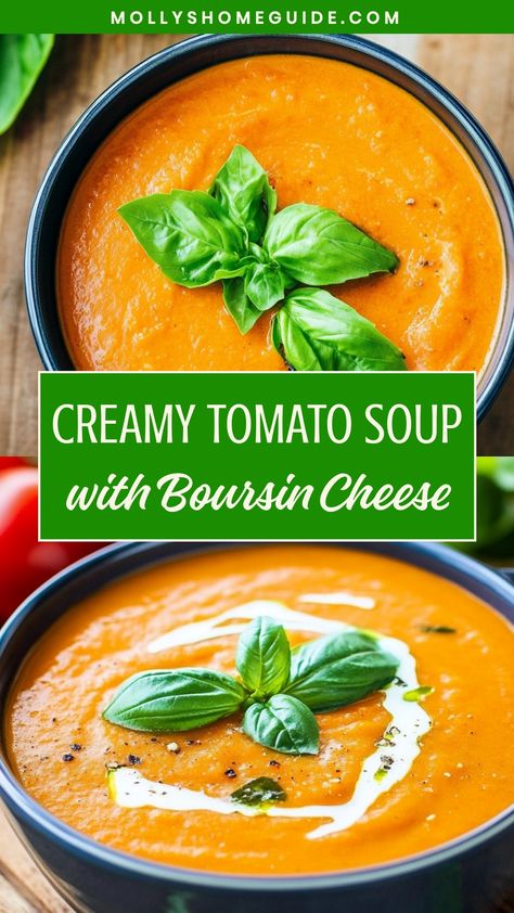 Indulge in the ultimate comfort food with this delectable recipe for creamy tomato soup with a swirl of Boursin cheese. This easy-to-make dish is perfect for cozy nights at home or when you're hosting friends and family. The rich flavors of the ripe tomatoes combined with the creamy and savory notes of Boursin cheese create a truly unforgettable dining experience. Tomato Cheese Soup, Ripe Tomatoes What To Do With, Tomato Soup Creamy, Crockpot Tomato Soup, Delicious Tomato Soup, Creamy Tomato Soup Recipe, Soup Weather, Fresh Tomato Soup, Homemade Tomato Soup