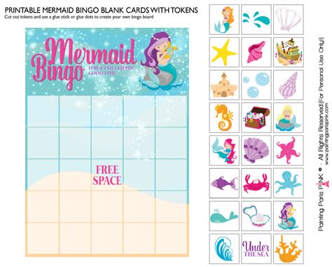 Bingo --- http://paintingparispink.com/free-printables/ Mermaid Bingo Free Printable, Bingo Free Printable, Mermaid Printables, Mermaid Party Games, Ideas Fiesta, Mermaid Parties, Bingo Board, Pirate Treasure, Mermaid Theme