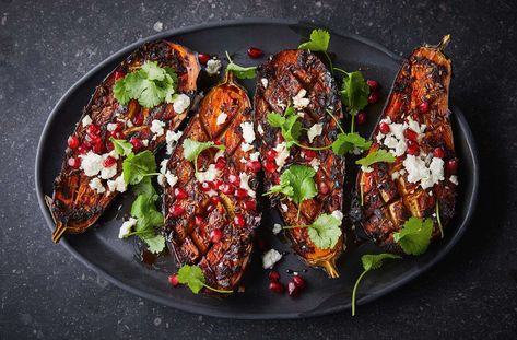 Sticky Pomegranate & Harissa Aubergines Recipe | Waitrose & Partners Aubergine Recipe, Pomegranate Molasses, Pomegranate Seeds, Goat Cheese, Main Course, Simple Ingredient, Vegetable Pizza, Side Dish, Pomegranate