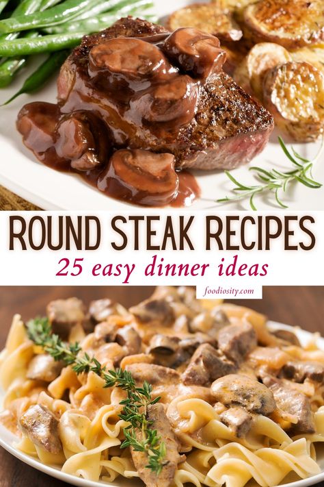 Top Sirloin Tip Steak Recipes, Round Steak On Blackstone, Recipes For Round Steak Dinners, Steak Dinner Recipes Sides, Round Steak Rice And Gravy, Round Chuck Steak Recipes, Crockpot Beef Round Steak, Weeknight Steak Dinner, Steak Rounds Recipes