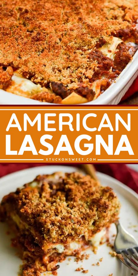 Craving a hearty, meaty meal? Try this American Lasagna recipe! It's an easy and delicious option for a satisfying dinner. This easy lasagna recipe is a yummy comfort food perfect for your hearty dinner recipe collections! American Lasagna Recipe, American Lasagna, Beef Breakfast Sausage, Pasta Salad Simple, Ultimate Lasagna Recipe, Big Family Dinner Ideas, Meat Tomato Sauce, Dinner Ideas For Tonight, Ground Beef Breakfast