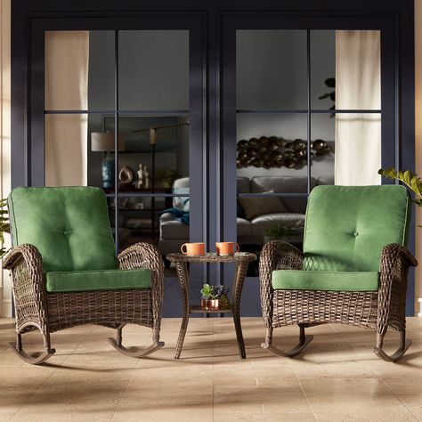 Saturdays are for socializing ☕ Featured: Madden 3 Piece Green Rattan Outdoor Rocking Chair Set With Coffee Table- Style 383y0. Perfect for outdoor areas including front yard patio, backyard patio, pool area, and picnic area. Teal Island, Metal Outdoor Table, Small Porch Ideas, Small Porch, Rattan Rocking Chair, Outdoor Rocking Chair, Wood Adirondack Chairs, Coastal Style Decorating, Rocking Chair Set