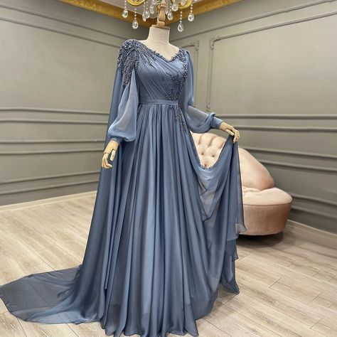 Lorya Love Evening Dresses Blue Elegant Women Long Sleeves Chiffon Party Formal Gowns Beading Robe 2022 Arabic Evening Dress, 90s Prom Dresses, Modest Evening Gowns, 90s Prom, Baju Kahwin, Hijab Dress Party, Dresses Quince, Modest Evening Dress, Dresses Graduation