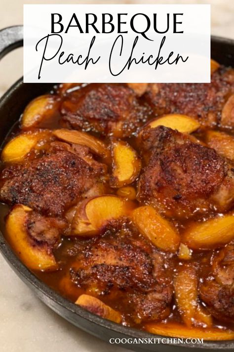 In this easy Barbeque Peach Chicken recipe, we combine sauteed onions and fresh garlic with our favorite barbeque sauce, peach preserves (plus fresh peaches), chicken broth, and Worcestershire sauce.The chicken is browned crispy on the stovetop and then tossed in the oven to finish out the baking process with a tasty barbeque peach sauce, surrounded by a sea of sliced sweet peaches, and topped with fresh green onions and parsley. #bbqpeach #bbqchicken #chickenrecipes Peach Dishes, Peach Chicken, Peach Sauce, Sauteed Onions, Barbeque Chicken, Baking Process, Peach Preserves, Peach Recipes, Easy Grilled Chicken