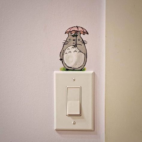 Totoro Diy Decoration, Anime Wall Painting Bedroom, Light Switch Art Ideas, Totoro Bedroom Ideas, Window Sill Painting Ideas, Bedroom Mural Ideas Aesthetic, Ghibli Diy Decor, Room Murals Aesthetic, Cool Wall Paintings